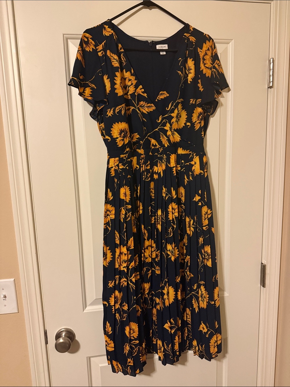 J. Crew Factory Navy Midi Dress with Yellow Floral Pattern